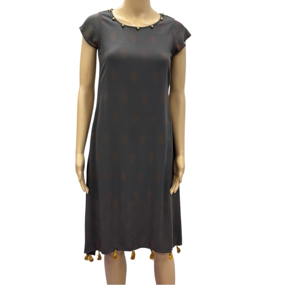 Fusion Viscose Gray with Gold Tassels and Beads Short Cap Sleeve Dress Sz Small